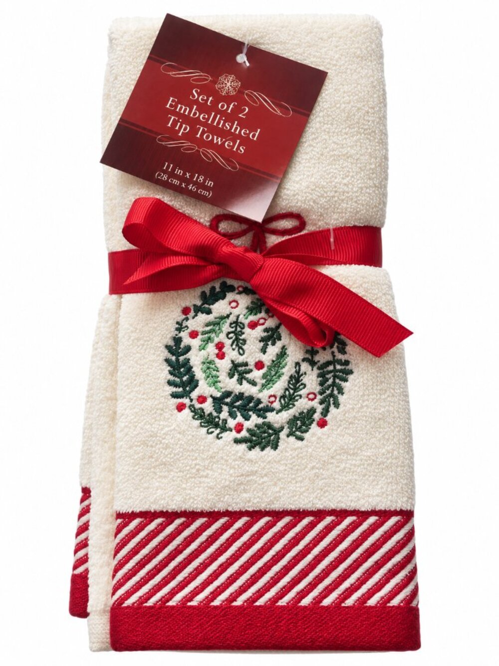 Christmas Fingertip Towels Ornament Wreath Cotton Embroidered Ivory Set of 2